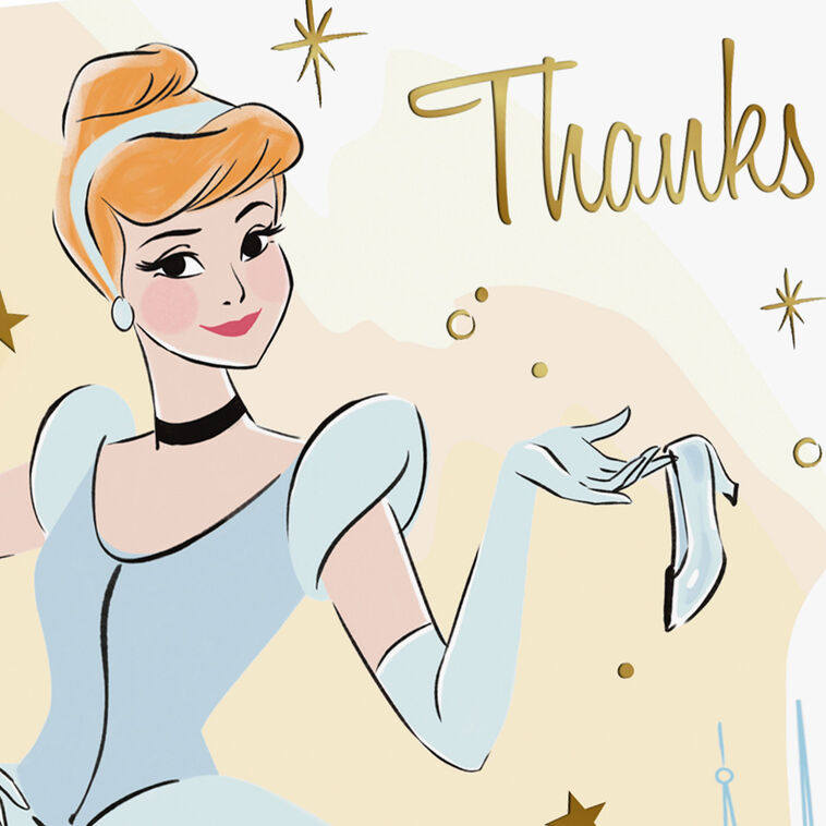 Thank-you cards featuring Disney’s Cinderella in her ball gown with a glass slipper, gold foil stars, and castle sketch.
