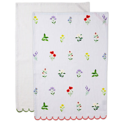 Set of two Hallmark scalloped-edge cotton tea towels in floral and stripe designs.