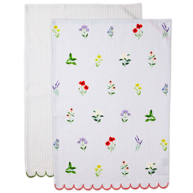 Set of two Hallmark scalloped-edge cotton tea towels in floral and stripe designs.