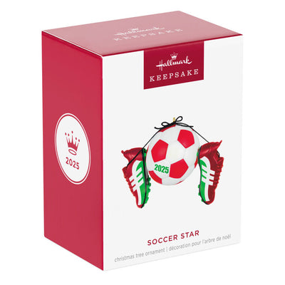 Christmas ornament with soccer ball and red-green cleats, year-dated 2025 for soccer players and coaches

