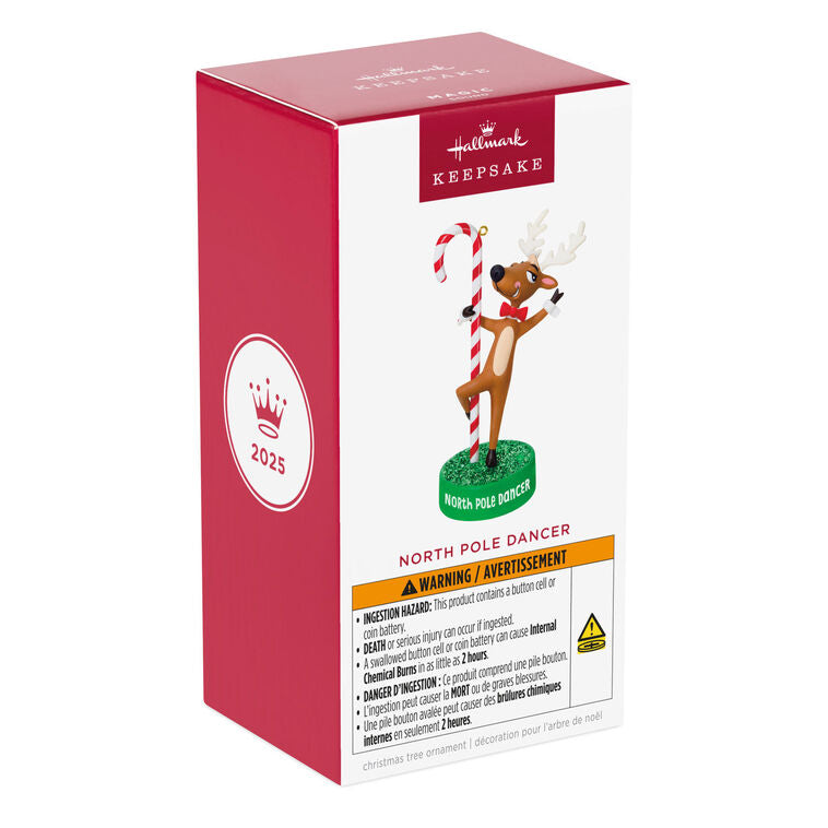 Reindeer Christmas ornament wearing red bow tie dancing around candy cane pole, with sound and battery operated

