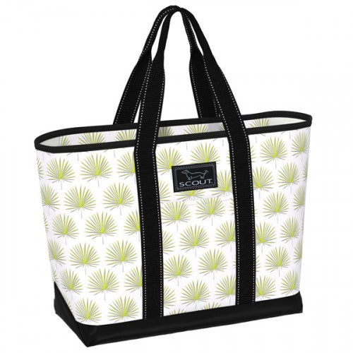 Structured tropical print tote bag with slim profile, interior and exterior pockets, and wide design for everyday use.