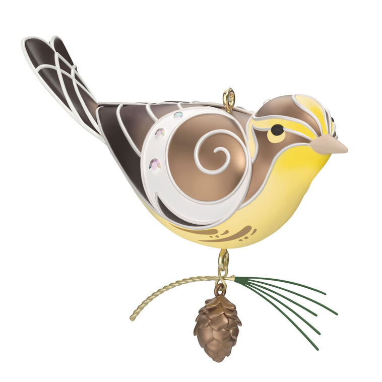 Hallmark Keepsake Beauty of Birds Lady Blackburnian Warbler ornament, yellow and brown bird with metallic silver accents and pine cone, Christmas decor.