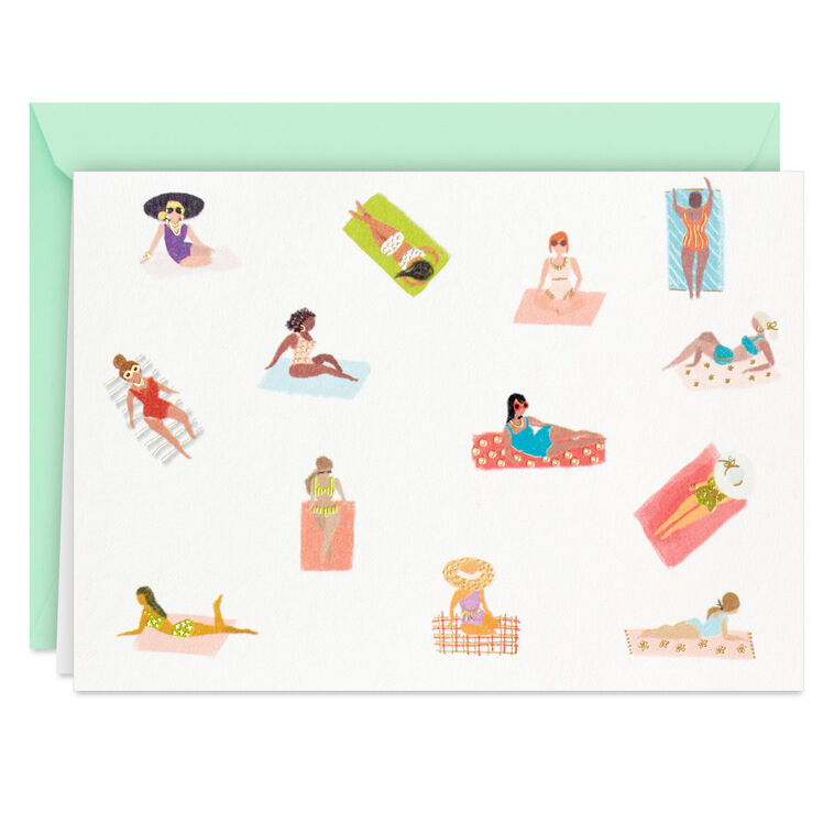 Blank note cards with retro-style illustrations of women sunbathing on colorful beach towels, boxed with envelopes.

