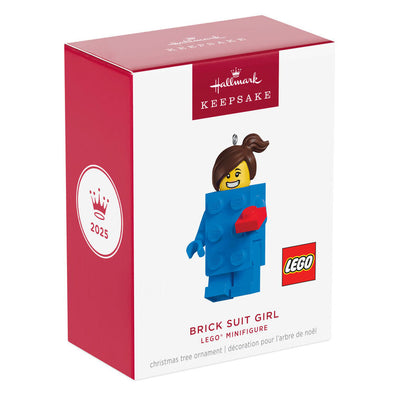 LEGO minifigure ornament with blue brick body, red piece in hand, and smiling brunette girl face.