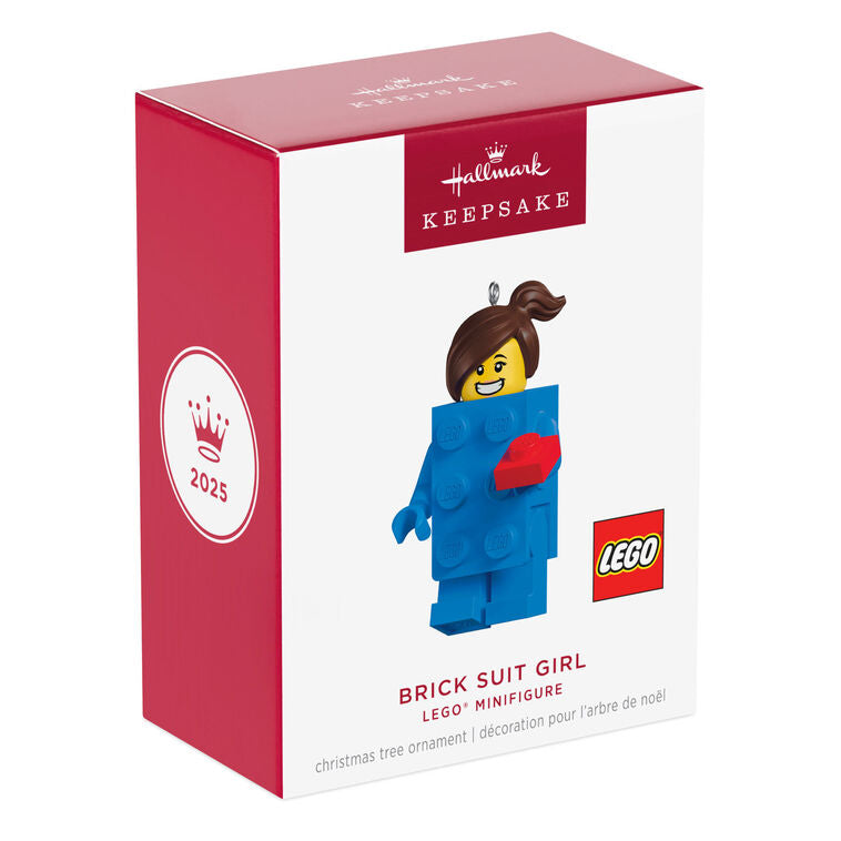 LEGO minifigure ornament with blue brick body, red piece in hand, and smiling brunette girl face.