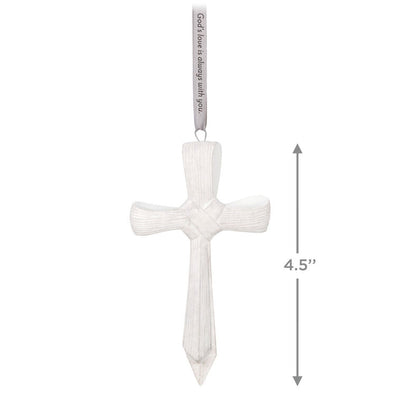Porcelain cross ornament with palm leaf texture and ribbon inscribed with faith message, for Christmas or spiritual gift.