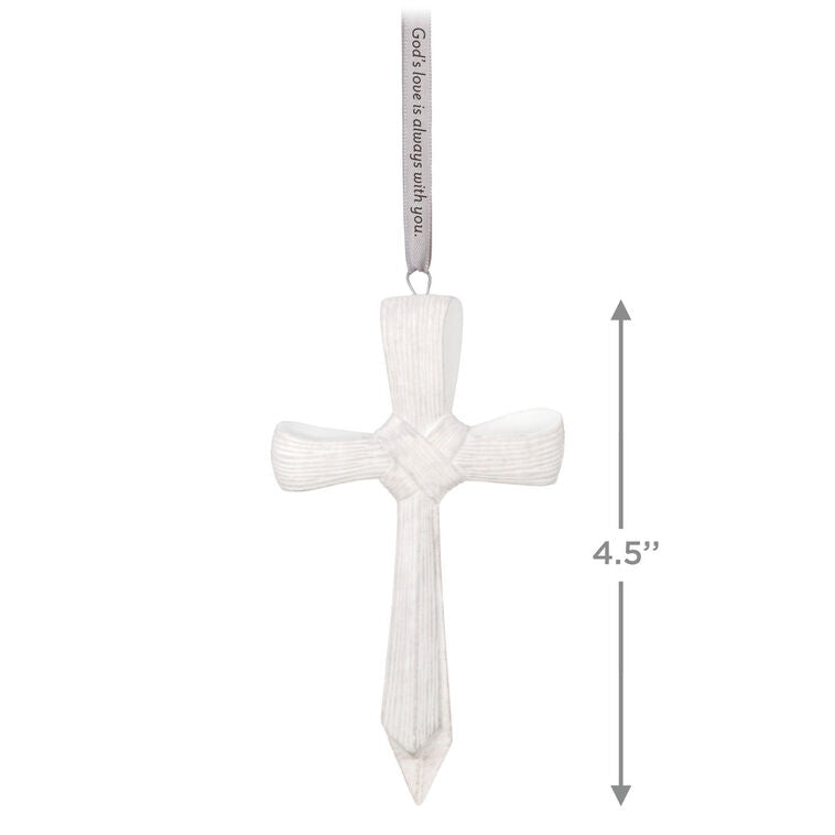 Porcelain cross ornament with palm leaf texture and ribbon inscribed with faith message, for Christmas or spiritual gift.