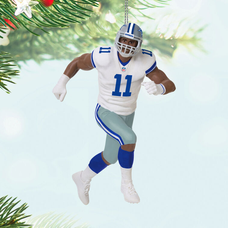 Micah Parsons ornament in Dallas Cowboys uniform, number 11, action pose, Hallmark NFL Christmas collectible for football fans
