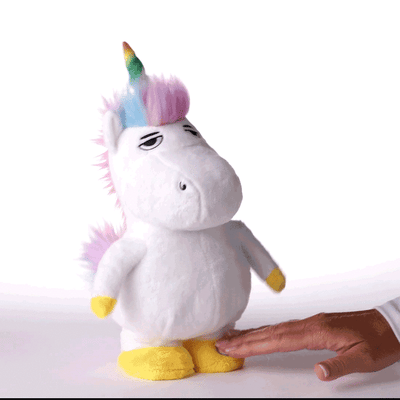 White unicorn plush toy with rainbow mane, tail, and horn, wearing a neutral 'meh' expression while dancing and playing 'All Star' by Smash Mouth.
