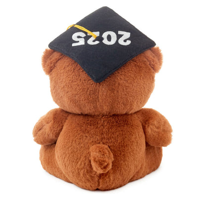 Brown plush teddy bear wearing a black graduation cap with a yellow tassel and embroidered '2025' design.
