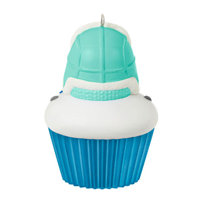 Cupcake-shaped snow-boy ornament with trapper hat and green-blue scarf, year-dated 2025 for great-grandson Christmas gift

