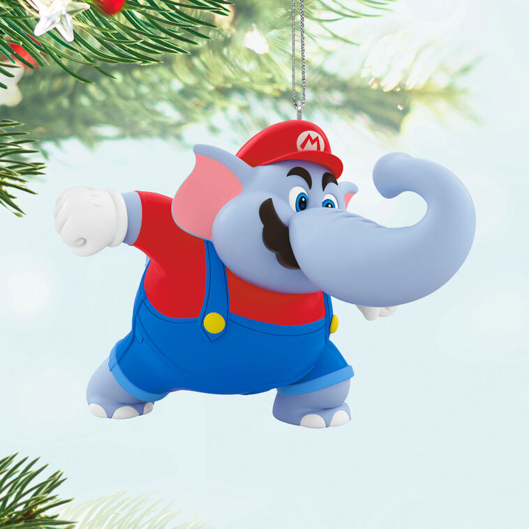 Elephant Mario ornament in red cap and overalls, gray pachyderm form from Super Mario Bros. Wonder, Hallmark Nintendo Christmas collectible