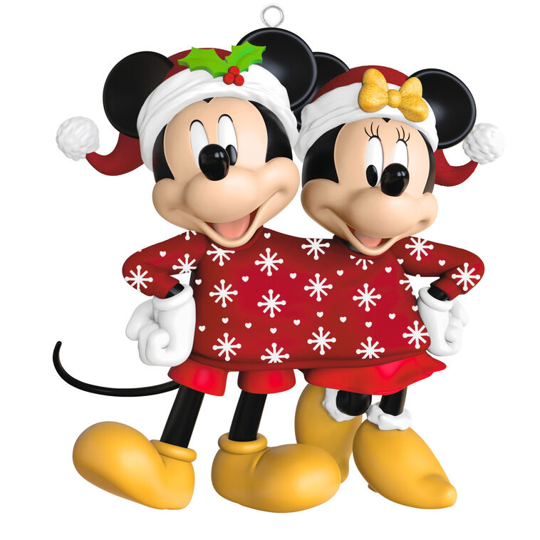 Mickey and Minnie wearing Santa hats and sharing a red Christmas sweater with snowflakes and hearts, Disney ornament.

