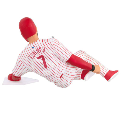 Trea Turner ornament in Phillies #7 uniform, sliding into home plate, red pinstripes, Hallmark MLB baseball Christmas collectible