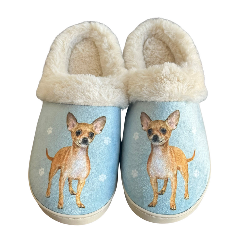 Fawn Chihuahua-themed plush slippers with big ears and cute facial features—soft, warm, and perfect for dog lovers