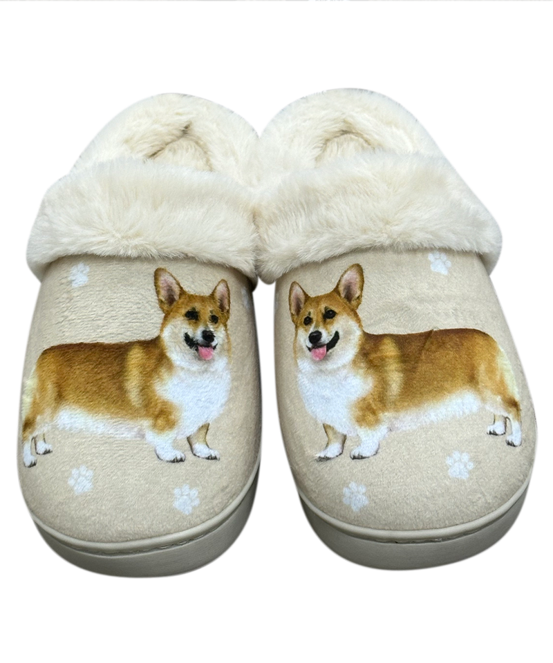 Adorable Welsh Corgi slippers with short legs and fluffy ears, plush interior for cozy comfort—perfect for Corgi fans