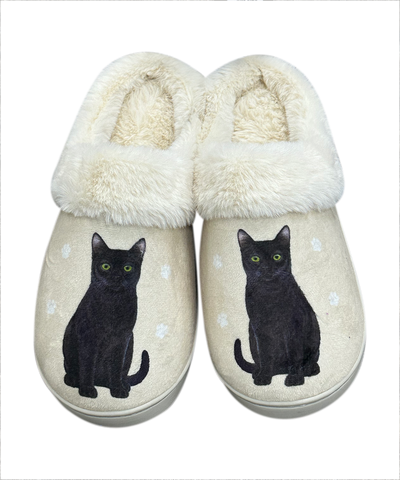Black cat-themed slippers with soft plush lining and non-slip soles.