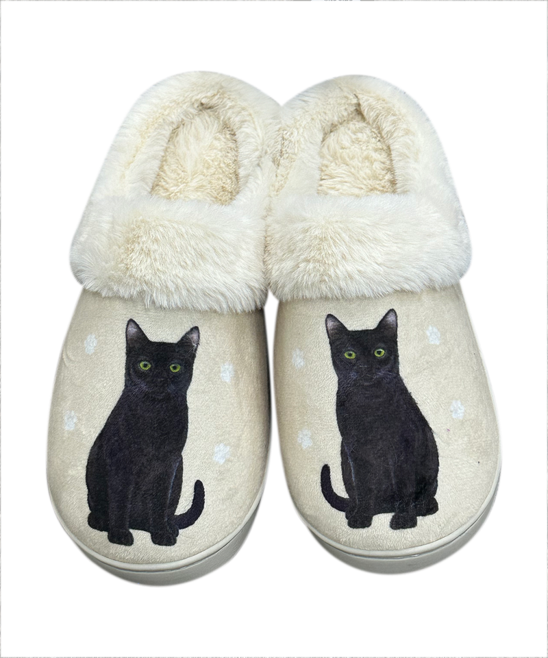 Black cat-themed slippers with soft plush lining and non-slip soles.