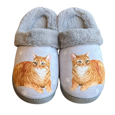 Orange tabby cat-themed slippers with plush interior and non-slip soles.