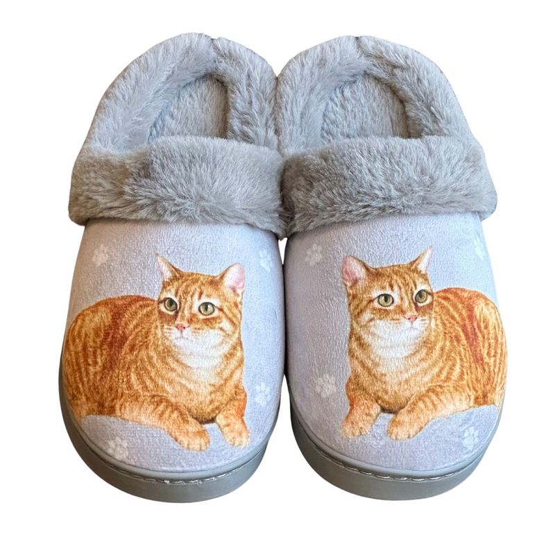 Orange tabby cat-themed slippers with plush interior and non-slip soles.