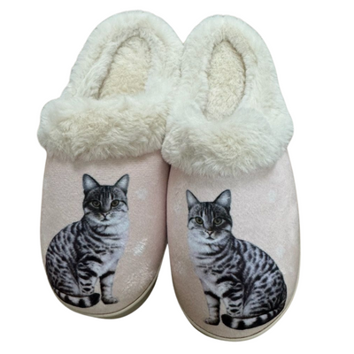 Silver tabby cat-themed slippers with plush interior and non-slip soles.