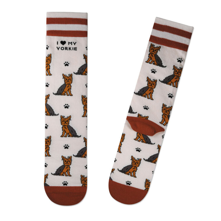 Hallmark novelty crew socks with Yorkie dog illustrations, paw prints, and brown striped accents.