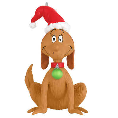 Mini Max dog ornament with Santa hat and green collar tag, Grinch’s loyal companion, Hallmark Dr. Seuss Christmas collectible
