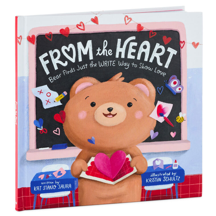 Hardcover children’s book “From the Heart: Bear Finds Just the Write Words” with colorful valentines-themed illustrations.