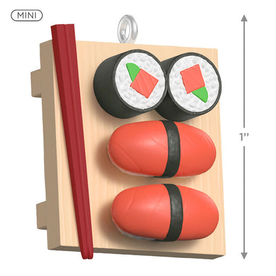 Mini sushi ornament with maki rolls, tuna nigiri, chopsticks on geta tray, Hallmark Keepsake food-themed Christmas collectible