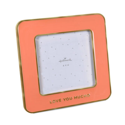 Coral enamel square picture frame with gold accents and “Love you mucho” caption below 4x4 photo opening.