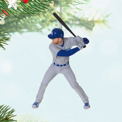 Freddie Freeman ornament in Dodgers #5 uniform swinging bat, Hallmark Keepsake baseball Christmas decoration for Los Angeles Dodgers fans.