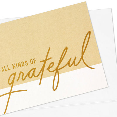 Tan and cream thank-you cards with gold foil script reading “all kinds of grateful” on two-tone background.
