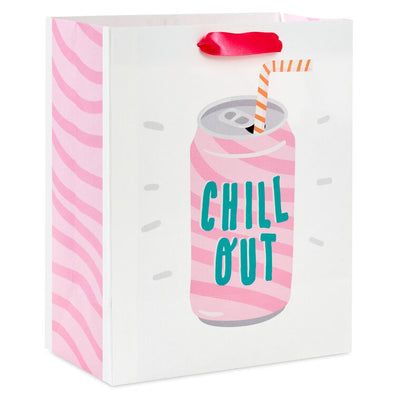 Hallmark gift bag with pink-striped soda can design, green “Chill Out” lettering, bent straw, and die-cut orange tag.