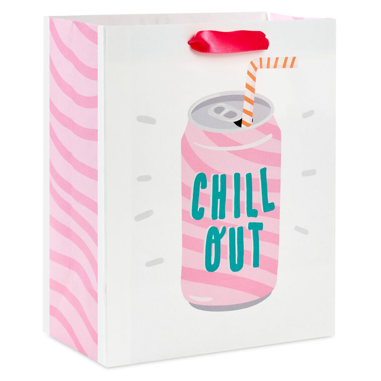 Hallmark gift bag with pink-striped soda can design, green “Chill Out” lettering, bent straw, and die-cut orange tag.