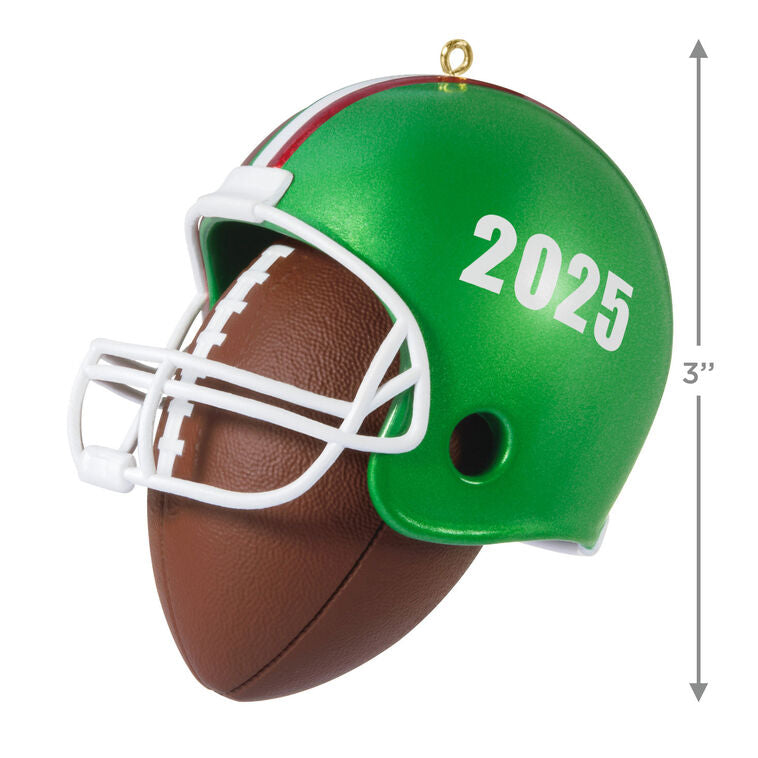 Christmas ornament with red-green football helmet on a football, year-dated 2025 for football players and coaches

