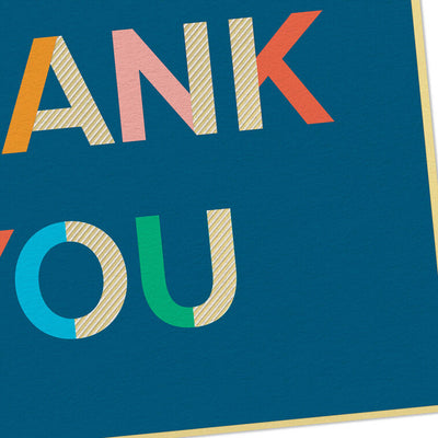 Colorblock thank-you cards with multicolor lettering on navy blue background and gold foil accents.
