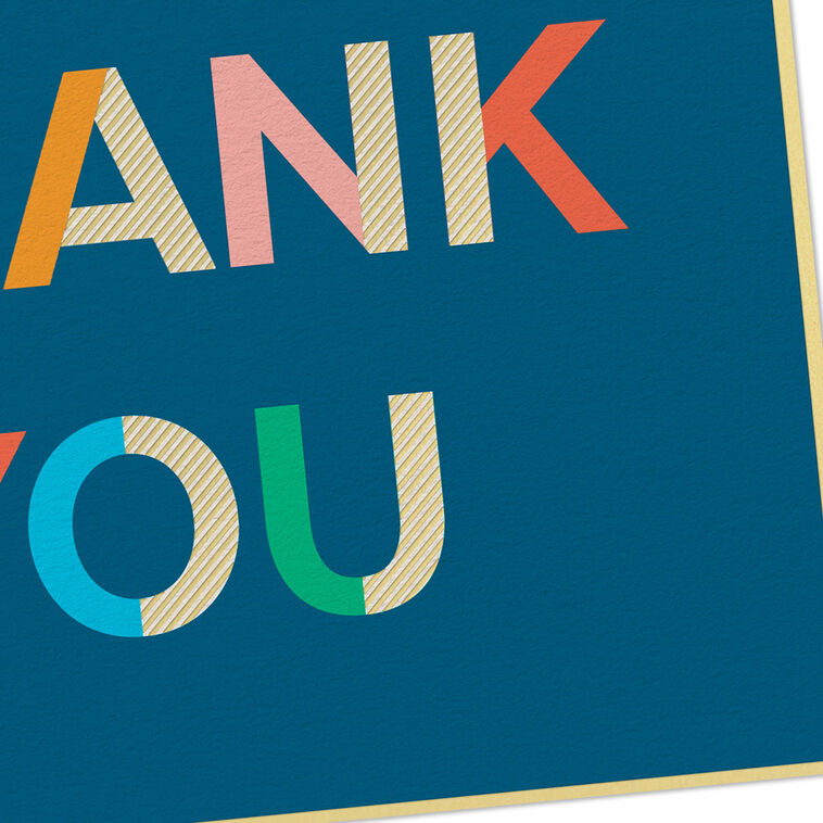 Colorblock thank-you cards with multicolor lettering on navy blue background and gold foil accents.
