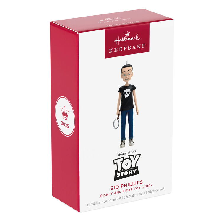 Sid Phillips Toy Story ornament, Hallmark Keepsake 2025, boy with black skull shirt holding magnifying glass, Disney Pixar collectible.