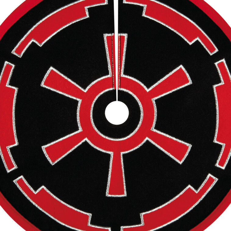Mini Star Wars tree skirt with red and black Imperial cog design and silver embroidery, perfect for tabletop trees and ShowToppers.