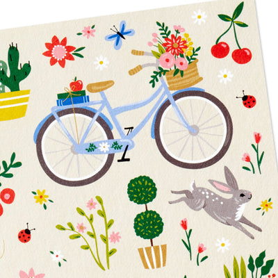 Garden-themed blank note cards with flowers, bike, and house illustrations on white background, 10-pack with envelopes and matte finish.
