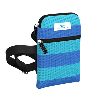 SCOUT Poly Pocket crossbody in French Blue and Pool with dual zippers, breathable fabric, and adjustable strap for hands-free essentials.