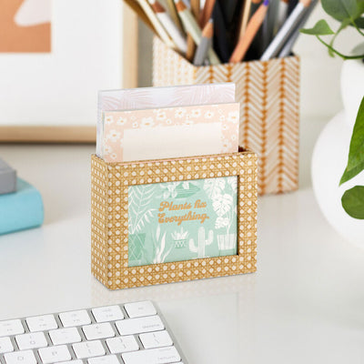 Tropical memo cube set with palm tree and stripe artwork, note pad, displayable prints, and pastel note cards.

