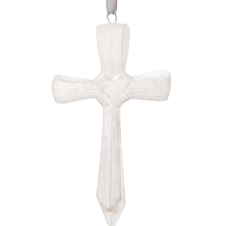 Porcelain cross ornament with palm leaf texture and ribbon inscribed with faith message, for Christmas or spiritual gift.