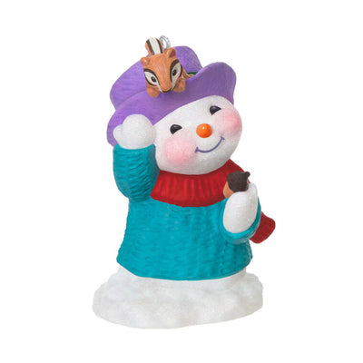 Snowman in blue sweater and red scarf, holding acorn with chipmunk on purple hat, Hallmark Keepsake Snow Buddies 2025 ornament