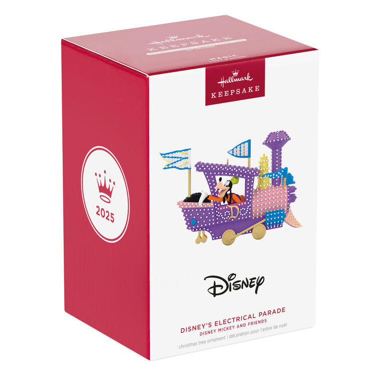 Hallmark Keepsake Disney Electrical Parade ornament featuring Mickey Mouse driving a purple train float with colorful lights and flags.