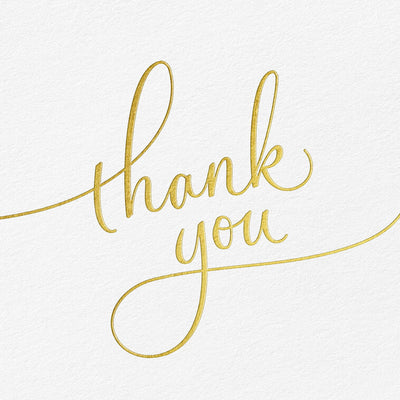 White thank you cards with elegant gold script and flourishes, includes 10 blank cards and envelopes for weddings and celebrations
