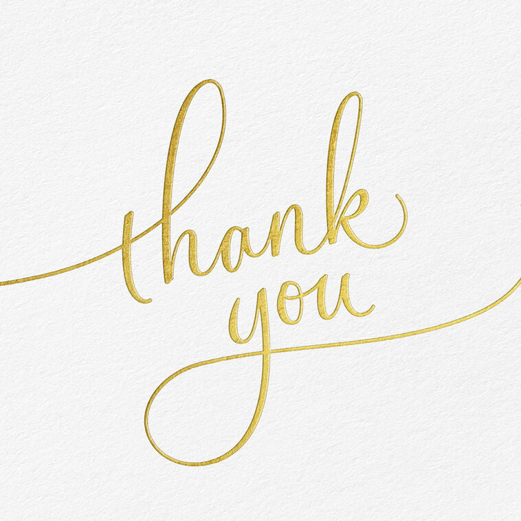 White thank you cards with elegant gold script and flourishes, includes 10 blank cards and envelopes for weddings and celebrations
