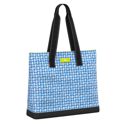 Totally Stitchin SCOUT Open Bar picnic cooler with insulated wine sleeves, zip closure, and structured base for stylish food and drink storage.