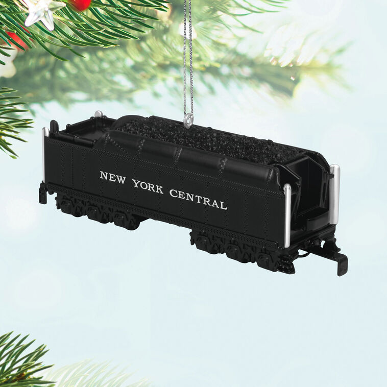 Hallmark Keepsake Lionel New York Central Vanderbilt Tender ornament, black die-cast metal train coal car with turning wheels and NY Central markings.